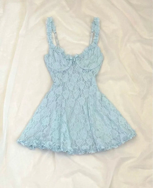 Charming A-Line Spaghetti Straps Ruffled Bow Lace Baby Blue Mini Homecoming Dresses