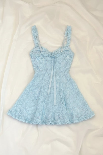 Charming A-Line Spaghetti Straps Ruffled Bow Lace Baby Blue Mini Homecoming Dresses