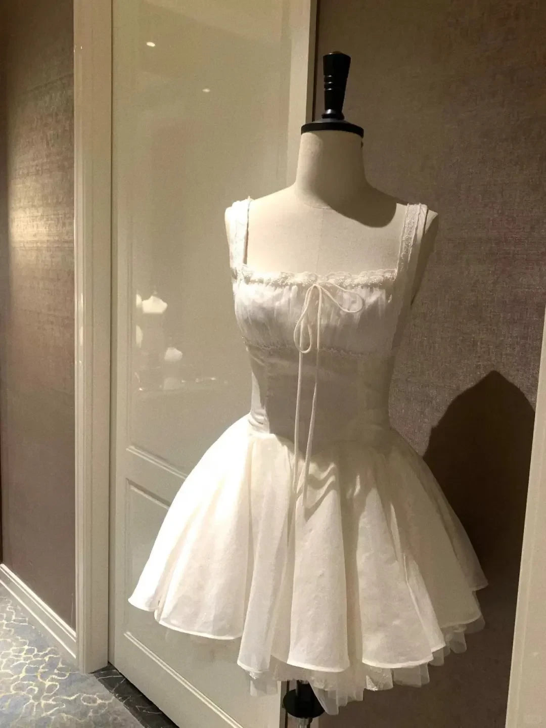 Charming A-Line Square Neck Tie-Front Ruffled White Short Homecoming Dress