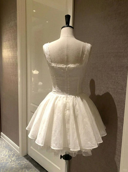 Charming A-Line Square Neck Tie-Front Ruffled White Short Homecoming Dress
