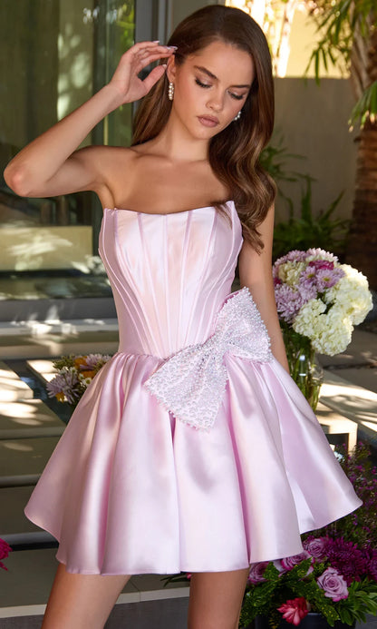 Charming A-Line Strapless Corset Bow Satin Blush Mini Homecoming Dress With Pockets