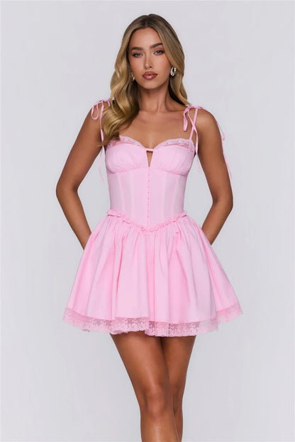 Charming A-Line Sweetheart Corset Lace Trim Pink Mini Homecoming Dress