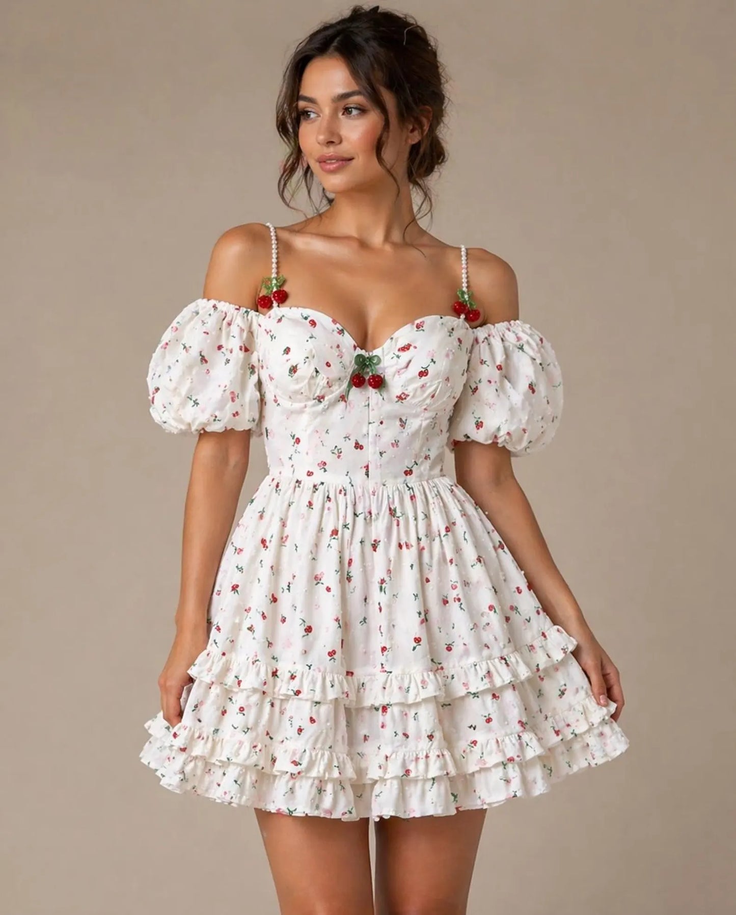 Charming A-Line Sweetheart Puffy-Sleeve Floral Ruffled White Mini Homecoming Dress
