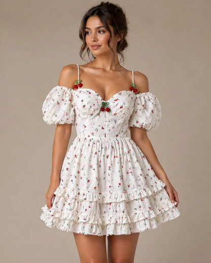 Charming A-Line Sweetheart Puffy-Sleeve Floral Ruffled White Mini Homecoming Dress