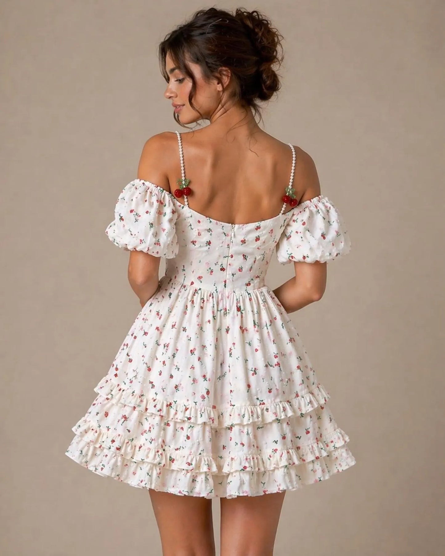 Charming A-Line Sweetheart Puffy-Sleeve Floral Ruffled White Mini Homecoming Dress