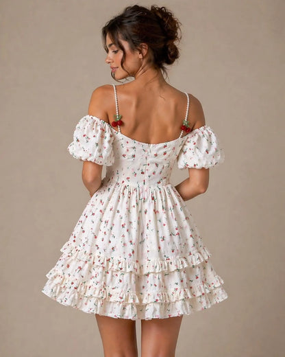 Charming A-Line Sweetheart Puffy-Sleeve Floral Ruffled White Mini Homecoming Dress