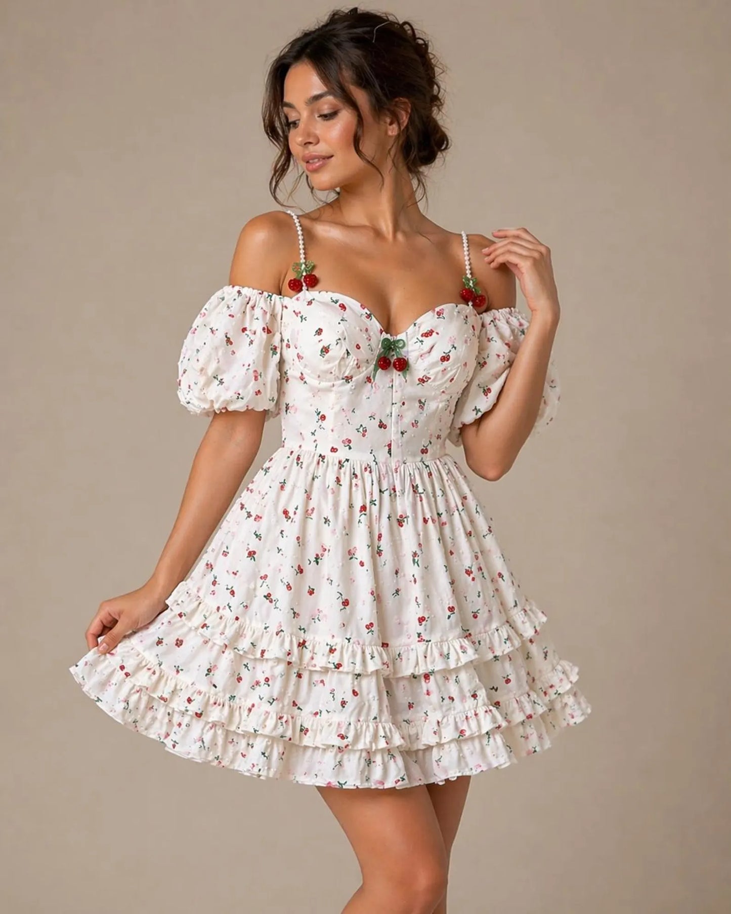 Charming A-Line Sweetheart Puffy-Sleeve Floral Ruffled White Mini Homecoming Dress
