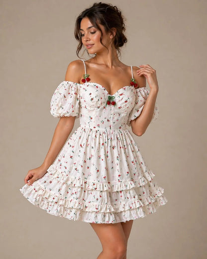 Charming A-Line Sweetheart Puffy-Sleeve Floral Ruffled White Mini Homecoming Dress