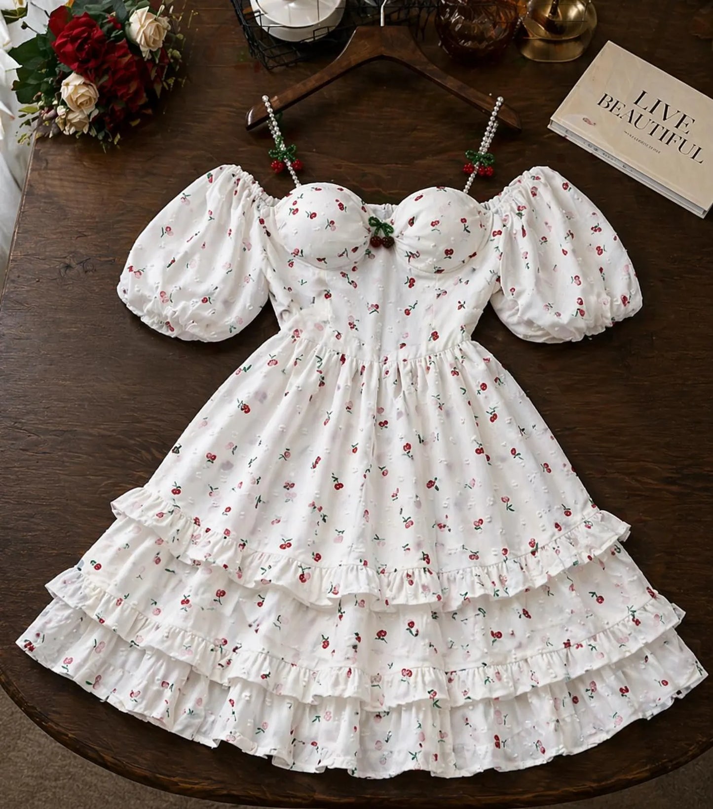 Charming A-Line Sweetheart Puffy-Sleeve Floral Ruffled White Mini Homecoming Dress