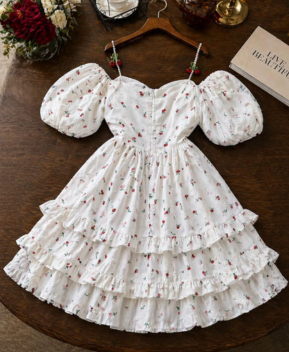 Charming A-Line Sweetheart Puffy-Sleeve Floral Ruffled White Mini Homecoming Dress