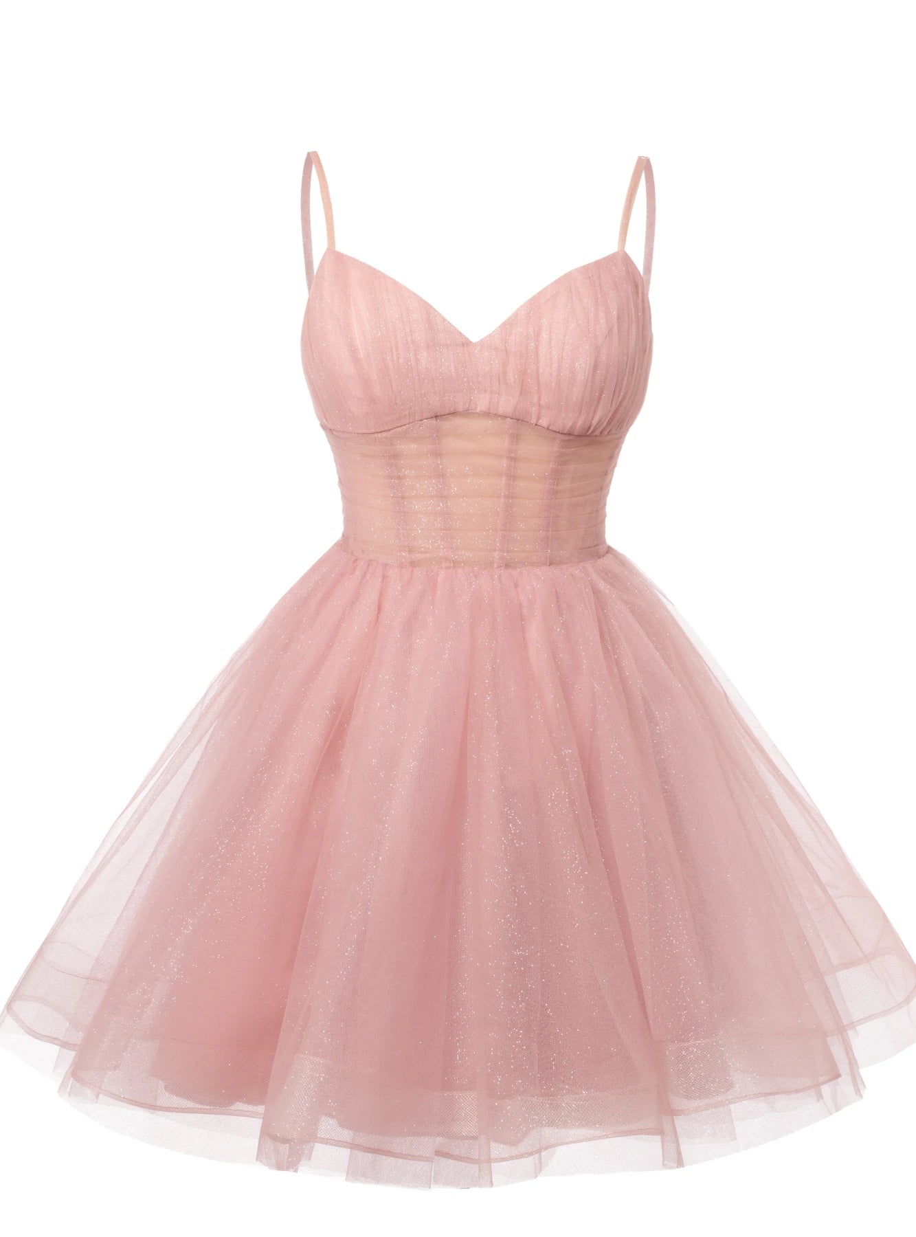 Charming A-Line Sweetheart Ruched Glittery Tulle Blush Pink Short Homecoming Dresses
