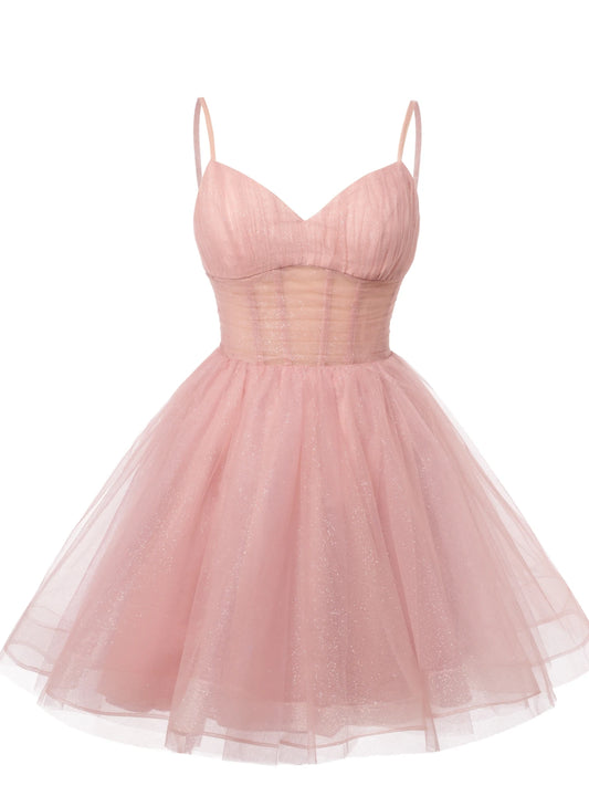 Charming A-Line Sweetheart Ruched Glittery Tulle Blush Pink Short Homecoming Dresses
