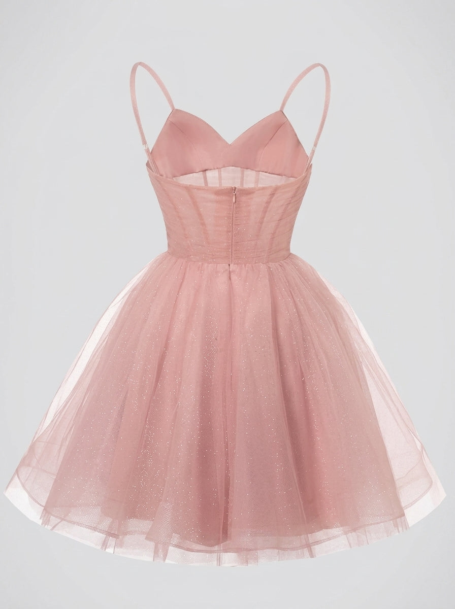 Charming A-Line Sweetheart Ruched Glittery Tulle Blush Pink Short Homecoming Dresses