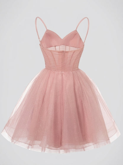 Charming A-Line Sweetheart Ruched Glittery Tulle Blush Pink Short Homecoming Dresses