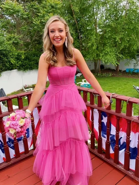 Charming A-Line Sweetheart Sleeveless Tiered Ruffle Hot Pink Floor-Length Evening Gown