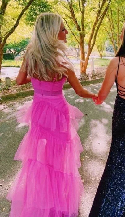 Charming A-Line Sweetheart Sleeveless Tiered Ruffle Hot Pink Floor-Length Evening Gown