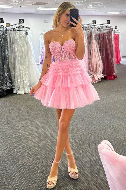 Charming A-Line Sweetheart Tiered Ruffle Pink Short Homecoming Dress With Applique