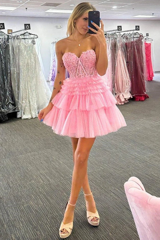 Charming A-Line Sweetheart Tiered Ruffle Pink Short Homecoming Dress With Applique