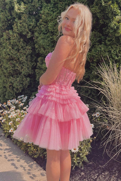 Charming A-Line Sweetheart Tiered Ruffle Pink Short Homecoming Dress With Applique