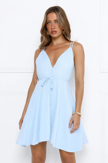 Charming A-Line V-Neck Strappy Tie-Waist Light Blue Mini Homecoming Dress