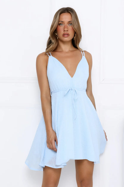 Charming A-Line V-Neck Strappy Tie-Waist Light Blue Mini Homecoming Dress