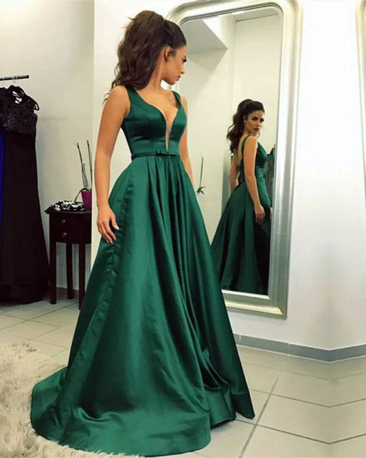 Charming A-Line V Neck Sleeveless Backless Floor-Length Prom Dress