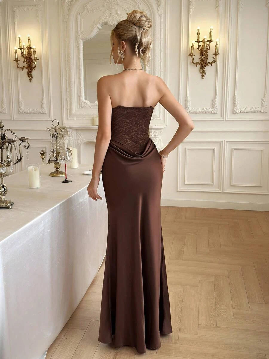 Charming Mermaid Sweetheart Draped Lace Satin Brown Floor-Length Prom Dress