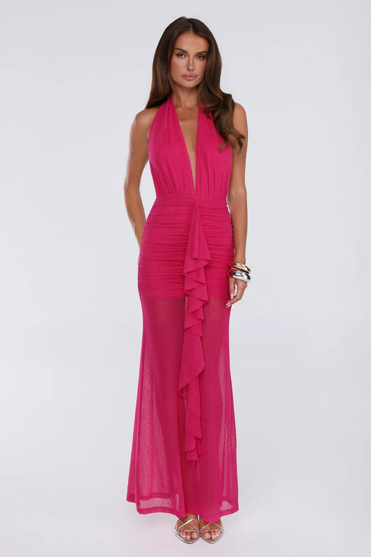 Charming Sheath Halter Deep-V Ruched Ruffled Mesh Hot Pink Floor-Length Prom Dress