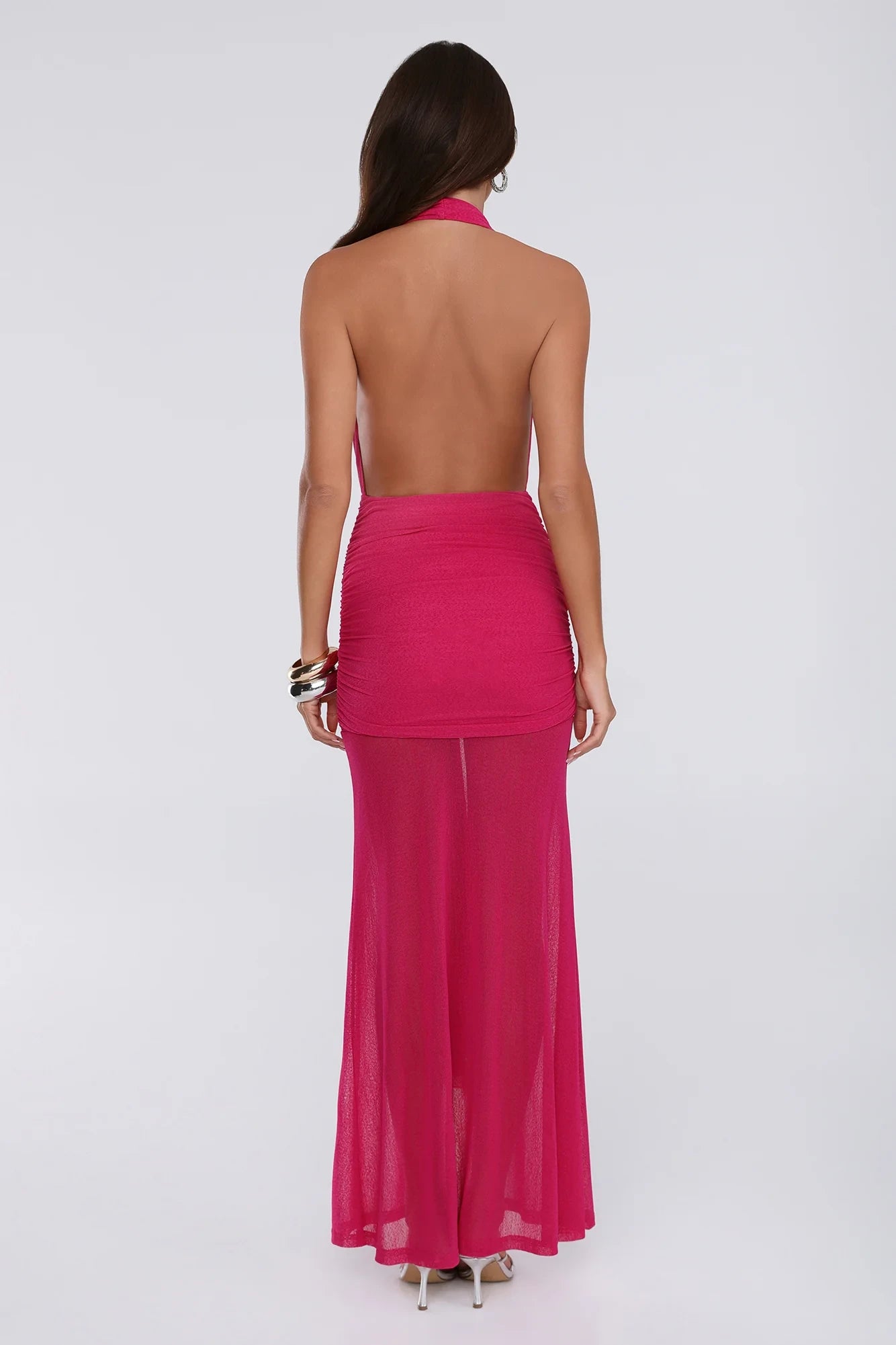 Charming Sheath Halter Deep-V Ruched Ruffled Mesh Hot Pink Floor-Length Prom Dress