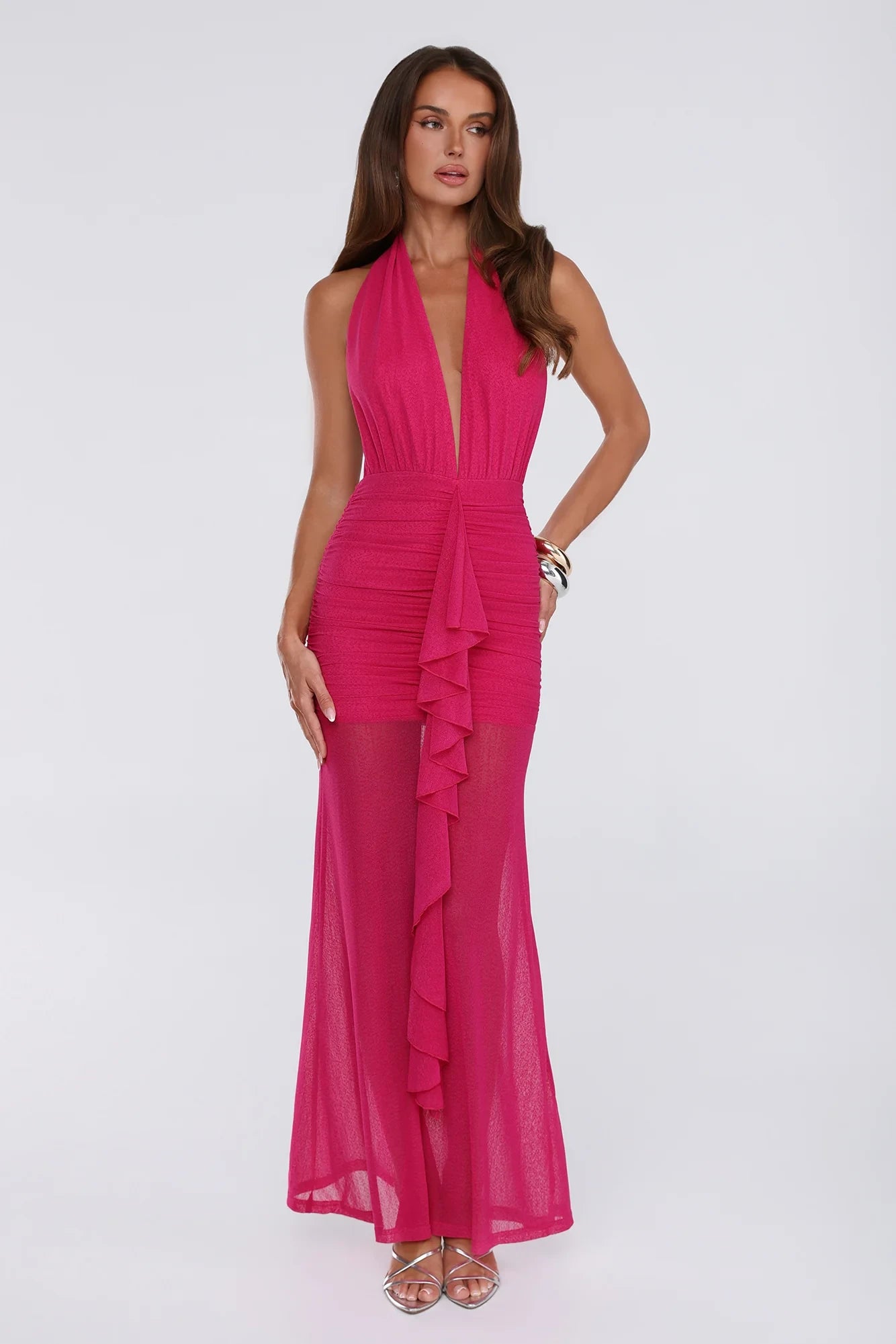 Charming Sheath Halter Deep-V Ruched Ruffled Mesh Hot Pink Floor-Length Prom Dress