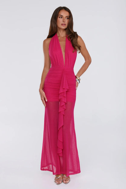 Charming Sheath Halter Deep-V Ruched Ruffled Mesh Hot Pink Floor-Length Prom Dress