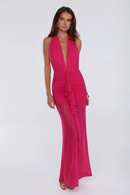 Charming Sheath Halter Deep-V Ruched Ruffled Mesh Hot Pink Floor-Length Prom Dress