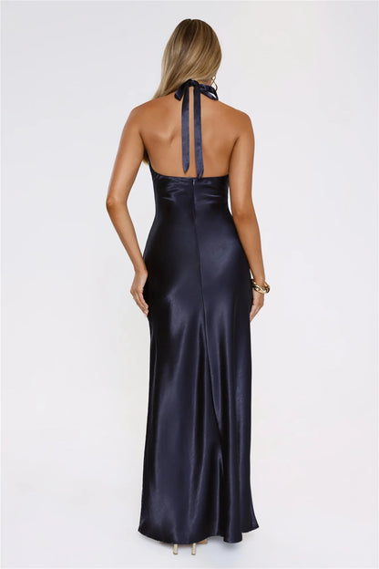 Charming Sheath Halter Keyhole Bow-Accent Backless Satin Navy Floor-Length Prom Dress