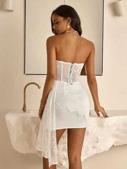 Charming Sheath Strapless Corset Floral Lace White Mini Homecoming Dress With Streamer