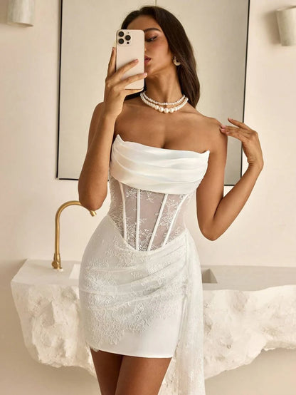Charming Sheath Strapless Corset Floral Lace White Mini Homecoming Dress With Streamer