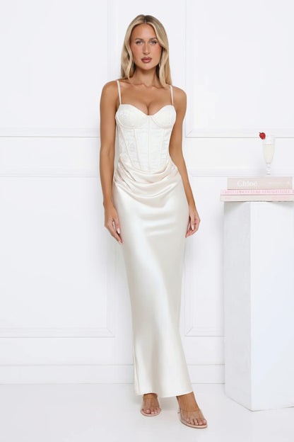 Charming Sheath Sweetheart Corset Draped Lace Satin Ivory Floor-Length Prom Dress