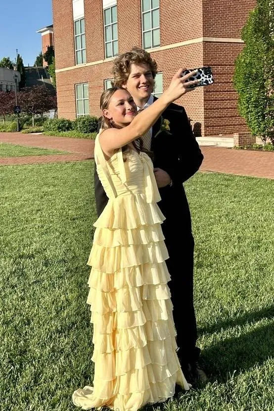 Charming Strapless Sleeveless A Line Chiffon Layered Floor Length Prom Dress