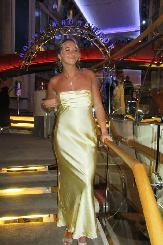 Cheap Fitted Strapless Sleeveless Satin Pleated Floor-Length Prom Dress