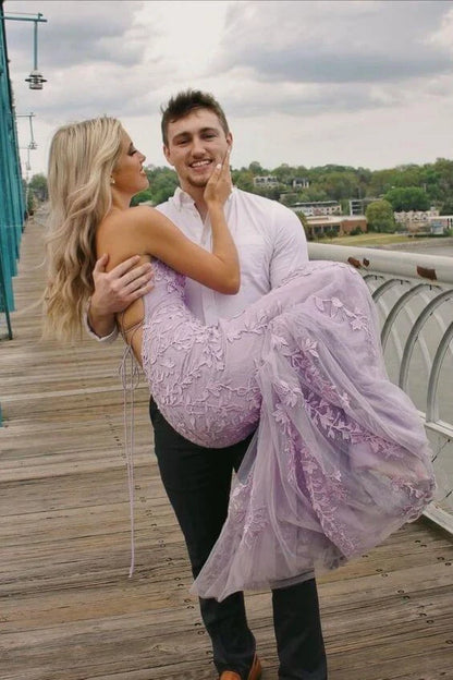 Cheap Lavender Lace Prom Dresses Mermaid Sleeveless