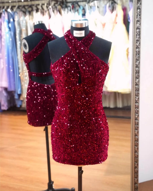 Cheap Mini Homecoming Dresses Burgundy Sequin Short Prom Dress