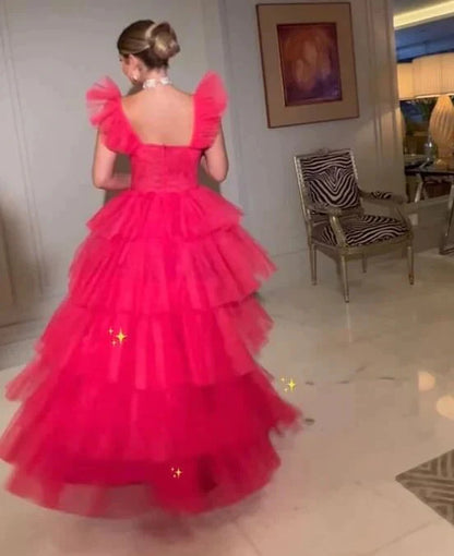 Cheap Pink Tulle Prom Dresses Ruffle Sleeveless Long Formal Evening Dress