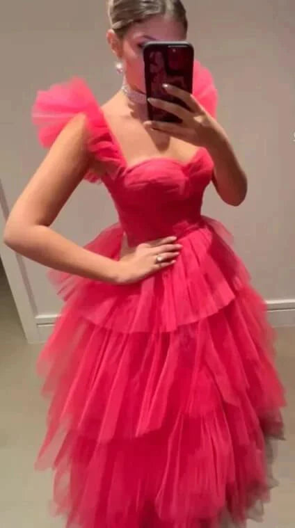 Cheap Pink Tulle Prom Dresses Ruffle Sleeveless Long Formal Evening Dress