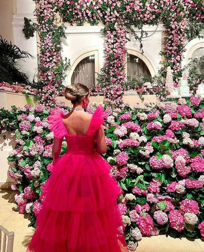 Cheap Pink Tulle Prom Dresses Ruffle Sleeveless Long Formal Evening Dress