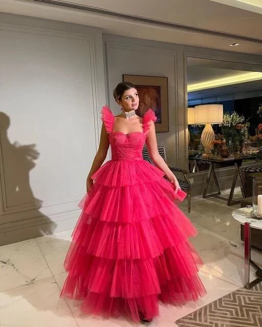 Cheap Pink Tulle Prom Dresses Ruffle Sleeveless Long Formal Evening Dress