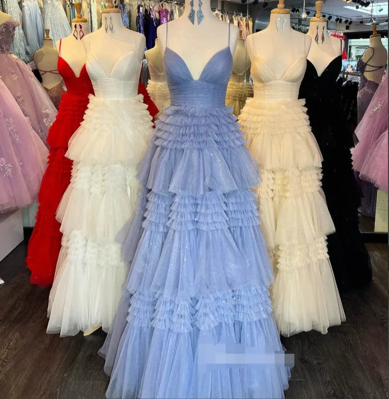 Cheap Prom Dresses Sequin Tulle V Neck Ruffles Formal Dresses Long