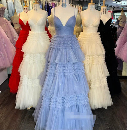 Cheap Prom Dresses Sequin Tulle V Neck Ruffles Formal Dresses Long
