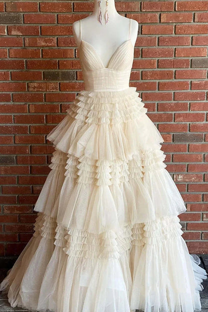 Cheap Prom Dresses Sequin Tulle V Neck Ruffles Formal Dresses Long