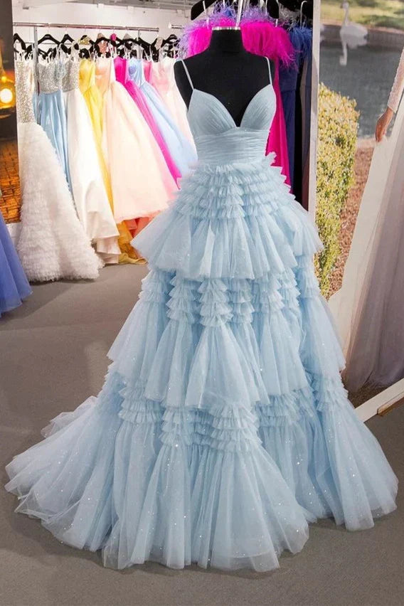 Cheap Prom Dresses Sequin Tulle V Neck Ruffles Formal Dresses Long