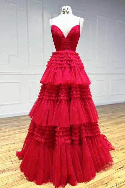 Cheap Prom Dresses Sequin Tulle V Neck Ruffles Formal Dresses Long