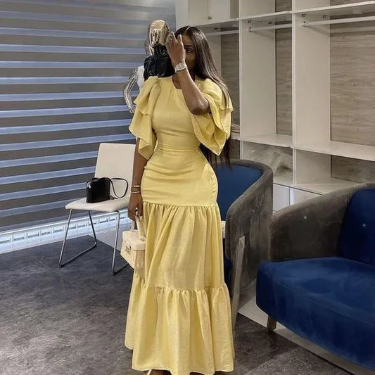 Cheerful Tiered Midi Evening Dress: Ruffled-Sleeve, Round-Neck, Linen-Blend Yellow for Women